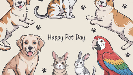 Obraz premium Happy pet day illustration with dogs cats rabbits and parrot celebrating together