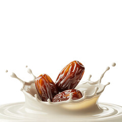 Fresh brown dates falling into a splash of creamy milk isolated