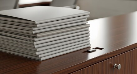 Sealed Gray Sleeve Investor Pitch Books Stacked on Walnut Credenza with Earnings USB Drive Deal Room