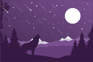 Wolf Howling at Moonlit Starry Night Sky with Shooting Stars and Mountains Silhouette
