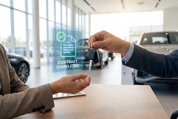 Fototapeta premium Handing over car keys with digital contract completed graphic