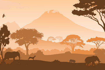 Fototapeta premium African Savannah Landscape Silhouette with Elephants and Mount Kilimanjaro Background