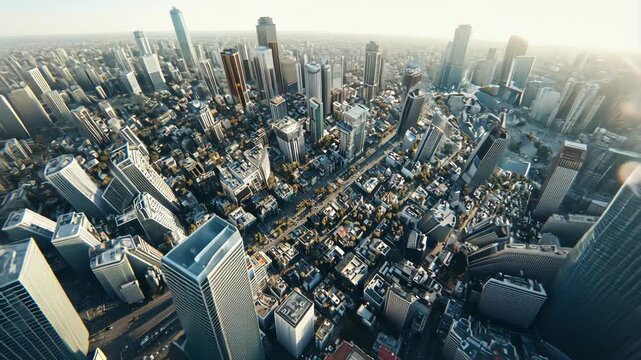 High-angle view depicts a densely packed cityscape of towering skyscrapers and varied building types