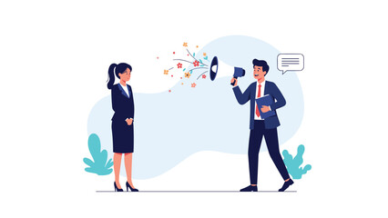 Businessman uses a megaphone to shout colorful flowers at a colleague in a blue suit to represent positive communication.