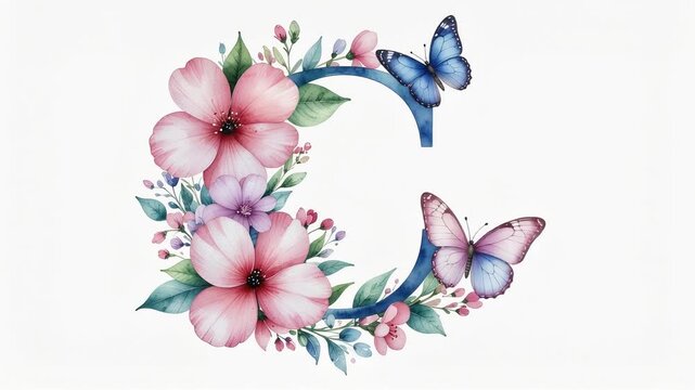 花と蝶が舞う水彩アルファベットCループ動画