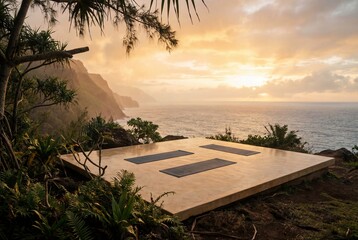 Naklejka premium Empty yoga mats on a wooden platform overlooking the ocean at sunrise