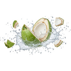 Fresh green coconut halves with refreshing water splash and droplets isolated