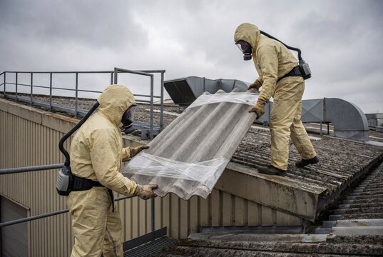 Two workers in hazmat suits carry a corrugated asbestos sheet on an industrial rooftop