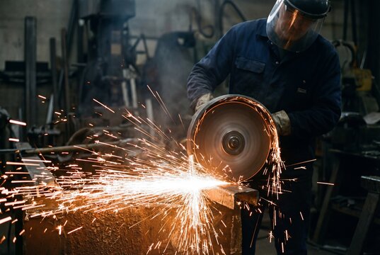 Worker in safety gear grinding metal with a large abrasive wheel, creating a shower of sparks