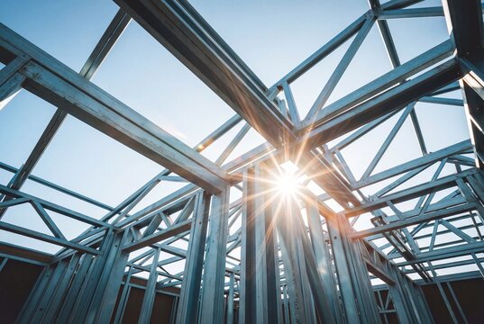 Looking up through light gauge steel framing of a new building with bright sunburst