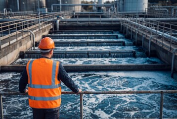 Fototapeta premium Male worker overlooking wastewater treatment plant facility