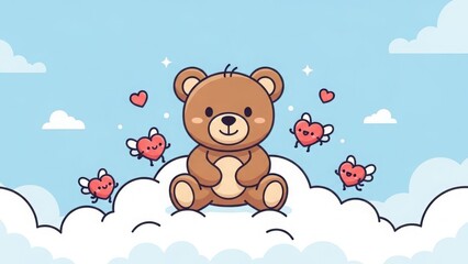 Cute brown teddy bear holding red hearts floating in sky isolated on transparent background
