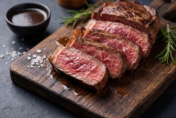 Fototapeta premium Sliced rare beef steak on a wooden board with sauce and rosemary
