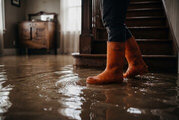 Fototapeta premium A person in orange rubber boots stands in ankle deep murky floodwater inside a home