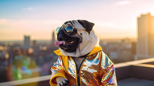 Stylish pug in shiny jacket enjoying sunset on rooftop