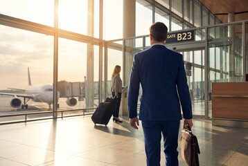 Obraz premium Rear view of businessman with luggage walking toward terminal gate at airport