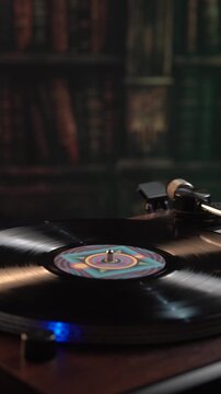 Vertical View of Spinning Vinyl Record in Room Ambience, Close Up