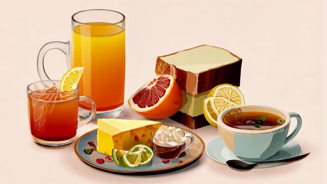 Breakfast or snack still life juice, tea, bread, fruit, pastries, on a table