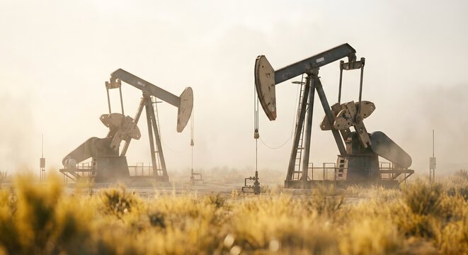 Industrial oil pumpjacks operating in a dry desert field under a hazy sky during the day, extraction of crude oil in a rural arid landscape representing energy industry and fuel production.
