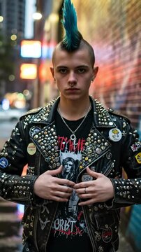 Young Caucasian male punk with blue mohawk and studded leather jacket making heart gesture