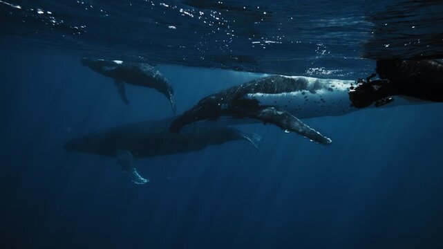 Humpback whales swimming side by side underwater, family unit group of parents and child, slow motion