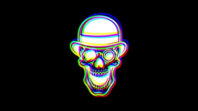 Animated gentleman skull wearing a bowler hat and monocle with a vibrant digital glitch effect, chromatic aberration, and RGB color shifts on a black background.
