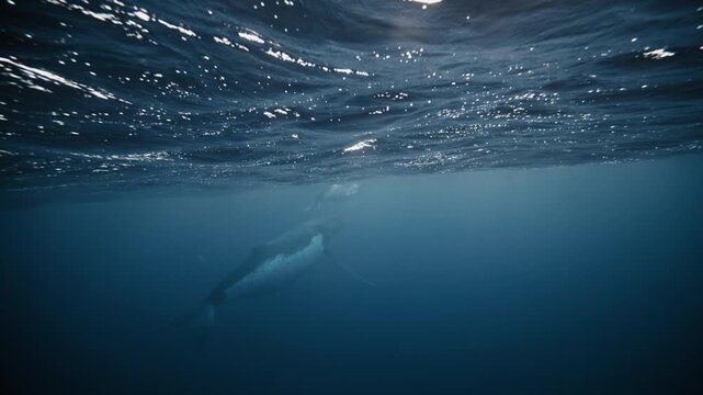 Whale silhouette beneath rippling ocean surface, white belly readily visible, slow motion