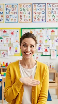Caucasian Female Speech Language Pathologist Blowing Kiss in Kindergarten Classroom