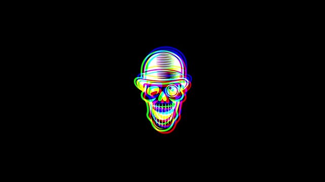 Animated gentleman skull wearing a bowler hat and monocle with a vibrant digital glitch effect, chromatic aberration, and RGB color shifts on a black background.
