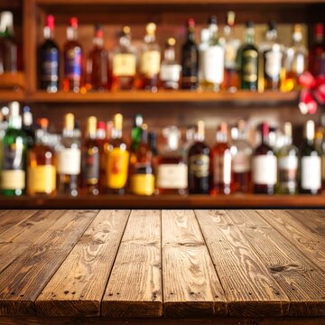 A weathered wooden surface provides a foreground perspective, while a blurred bar display of bottles with varied labels composes the backdrop