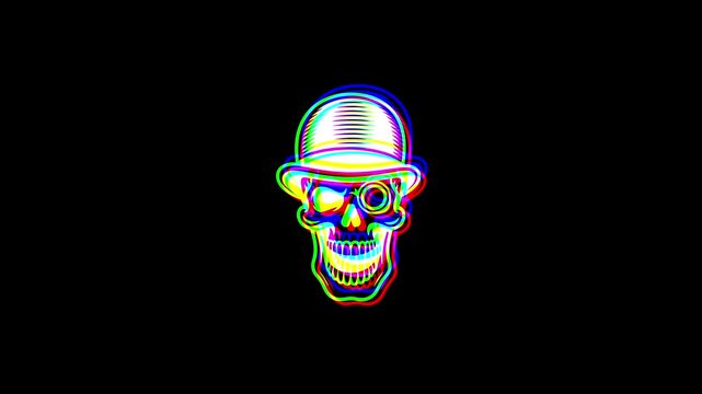 Animated gentleman skull wearing a bowler hat and monocle with a vibrant digital glitch effect, chromatic aberration, and RGB color shifts on a black background.