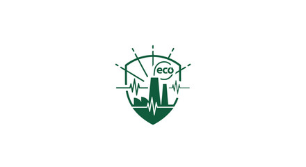 Obraz premium Green Eco Industry Shield Symbol with Heartbeat Line.