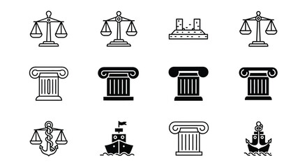 Black and white line icons depicting justice law and nautical themes © Nasima