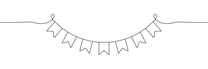 Continuous one line drawing of party bunting flags garland for celebration event decoration minimalist design. Editable stroke outline. Single contour art. Doodle hand drawn vector illustration © SomDraw