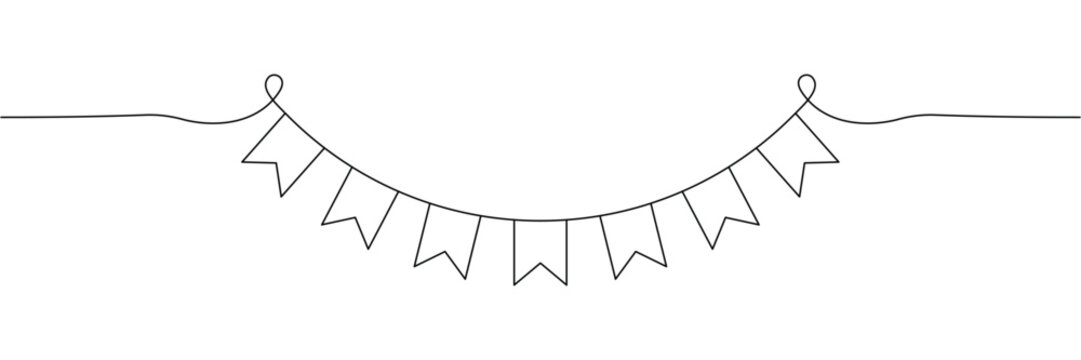 Continuous one line drawing of party bunting flags garland for celebration event decoration minimalist design. Editable stroke outline. Single contour art. Doodle hand drawn vector illustration