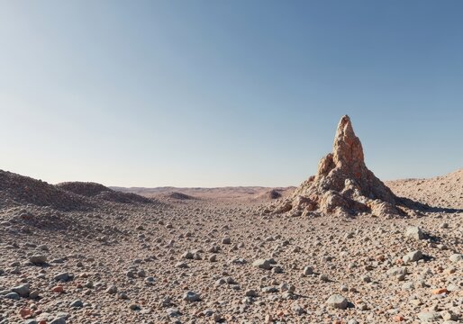 Vast, arid landscape of sun-bleached rocks and angular gravel stretching toward a distant horizon under a harsh, clear sky, plain, traveling, harsh