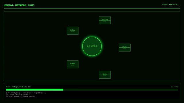 Neural Network Sync Visualization | Futuristic AI Core with Glowing Nodes | High-Tech Digital Abstract Background.