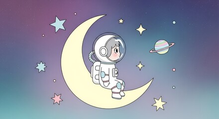 Naklejka premium Cute astronaut sitting on moon with stars and planets in space