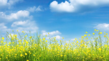Naklejka premium Beautiful grass and bright yellow flowers, a warm spring or summer natural scenery background, perfect for posters, presentations, and magazine covers.