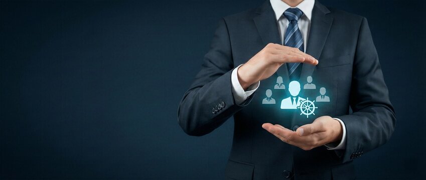 Businessman protecting glowing team leader icon with steering wheel for effective corporate management and leadership guidance in business strategy