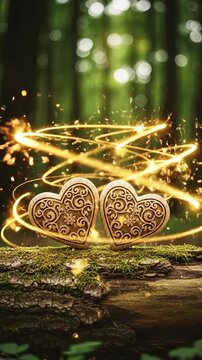 Whimsical Enchanted Forest Wedding Decor with Carved Wooden Hearts on Mossy Log
