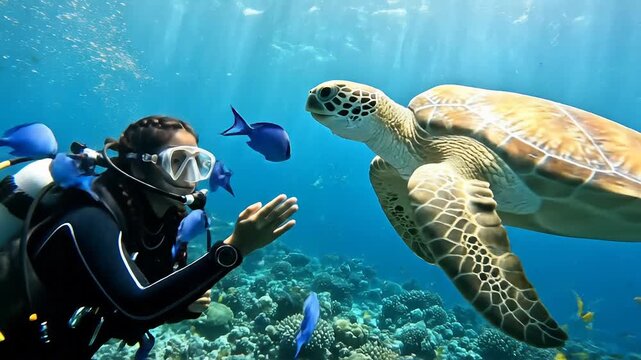Scuba diver interacting with a sea turtle underwater amidst coral reef and fish