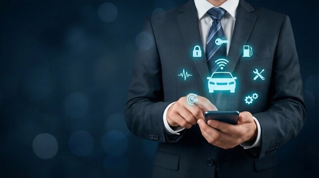 Smart car control via smartphone concept with glowing vehicle interface icons held by businessman for remote automotive management and future mobility