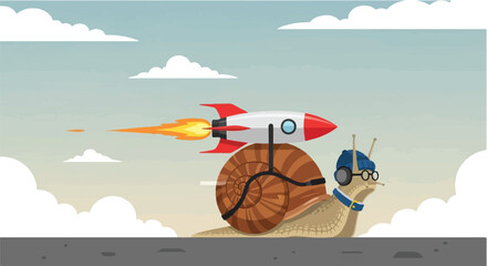 Cartoon snail with a rocket and glasses, illustrating rapid acceleration, efficiency, and overcoming slow progress through innovative means to achieve success © onepixland