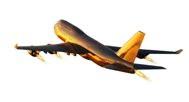 Rear view of a large four-engine commercial airplane flying upward during golden hour, featuring dramatic sunset lighting on the fuselage, aviation travel concept isolated on white background.