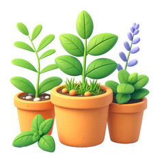 Fototapeta premium Natural 3D Paired Terracotta Pots With Small Budding Green Shrubs And A Slim Purple Lavender Herb Plant Neatly Displayed Clipart