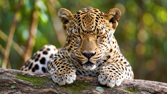 Leopard resting on tree trunk in forest.