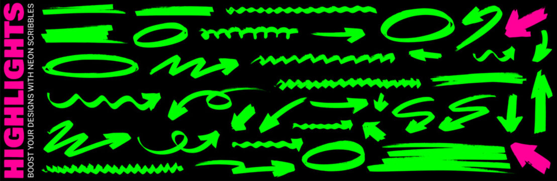 Creative highlight and marker focus arrow and line, highlight and marker enhance flow. arrow and line move on paper with circle, shape, pen, underline.