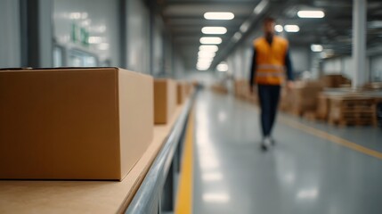 A worker in a safety vest walks down a modern warehouse aisle lined with conveyor belts and cardboard boxes