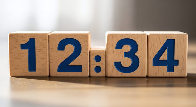 Wooden clock blocks displaying 1234 on a table with blurred background.